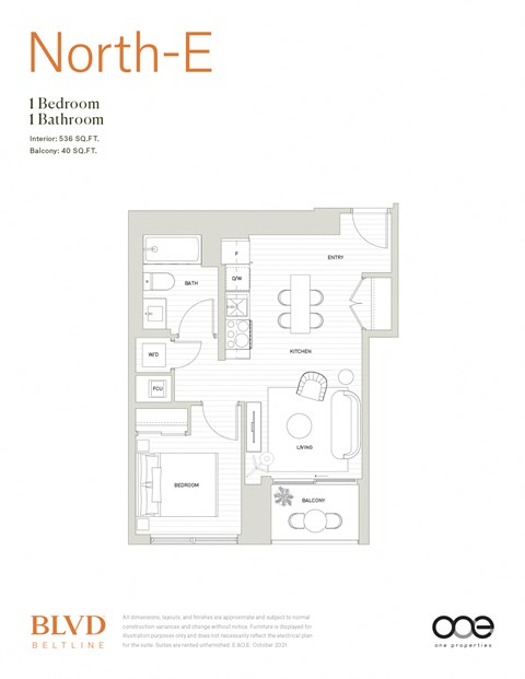 Floor plan for 1 bed, 1 bath, 536 sqft